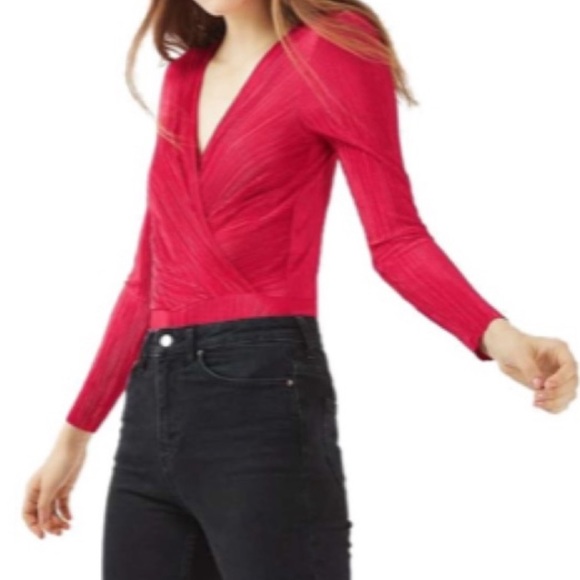 Topshop Plissé Faux Wrap Long Sleeve Bodysuit Pink Size 4 - Picture 3 of 13